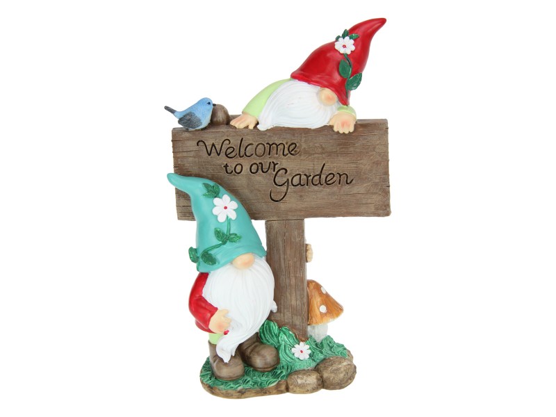 23cm Floral Garden Gnome with Welcome Sign