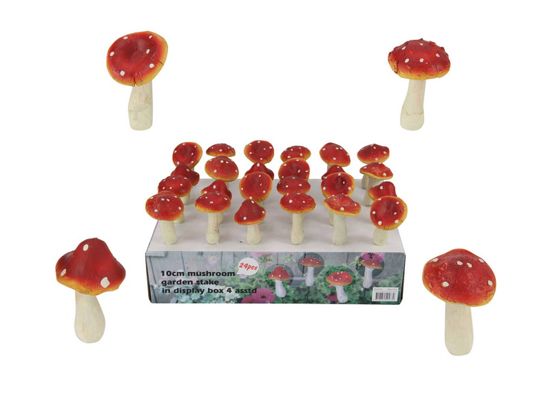 10cm Mushroom Garden Stake 4 Asstd with Display
