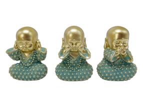 12cm Wise Buddha Monk in Aqua/Gold Finish 3 Asstd
