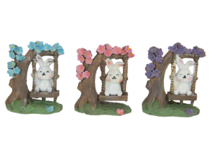 7cm Fairy Garden Bunny Rabbit on Swing in Tree 3 Asstd