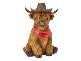 19cm Sitting Highland Cow with Red Cowboy Hat 2 Asstd
