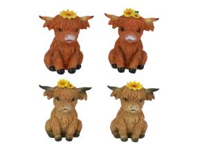 9cm Sitting Highland Cow with Sunflowers 4 Asstd