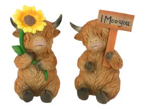 14cm Highland Cow with Sunflower/Sign 2 Asstd